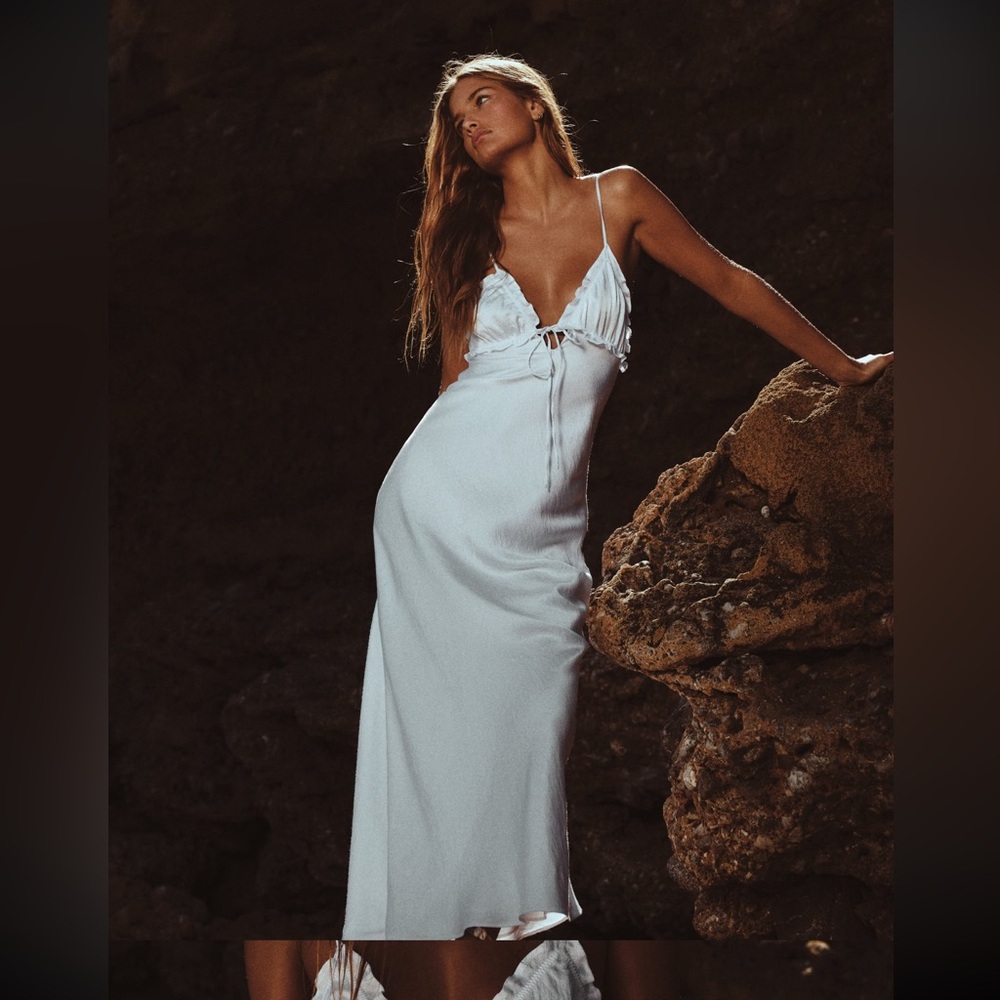 Zara White Ruffled Satin Effect Midi Dress
